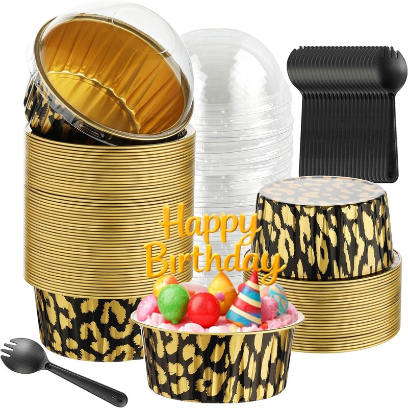BAKINGPAK Aluminum Foil Baking Cups with Lids, 50PCS 4OZ Mini Cake Pans with Lids Cupcake Liners with Lids Individual Cupcake Containers for Birthday Children Party, Gold Leopard Print - Image 1